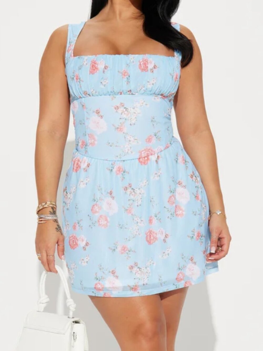 Fashion Nova Light Blue Floral Mini Dress with Pink Roses